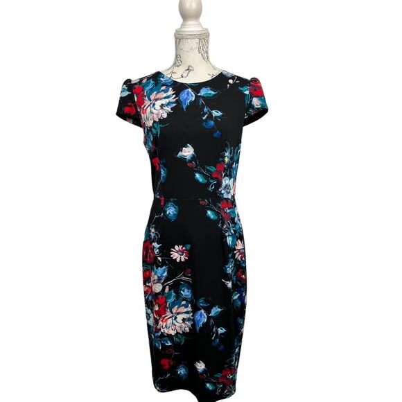 Betsey Johnson Black Floral Knee Length, Cap Sleeve Slim Fitting Dress Size 8 - Picture 1 of 11